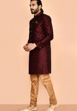 Woven Art Silk Jacquard Sherwani in Maroon