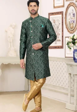 Woven Art Silk Jacquard Sherwani in Dark Green