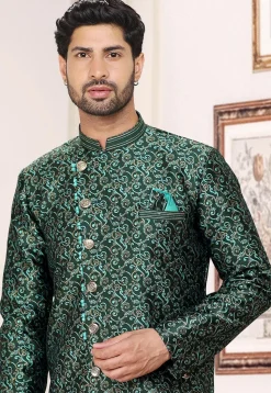 Woven Art Silk Jacquard Sherwani in Dark Green