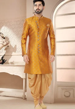 Woven Art Silk Jacquard Sherwani in Mustard