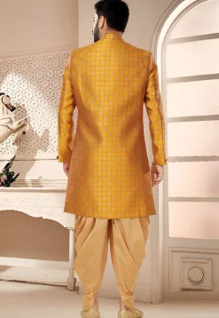Woven Art Silk Jacquard Sherwani in Mustard