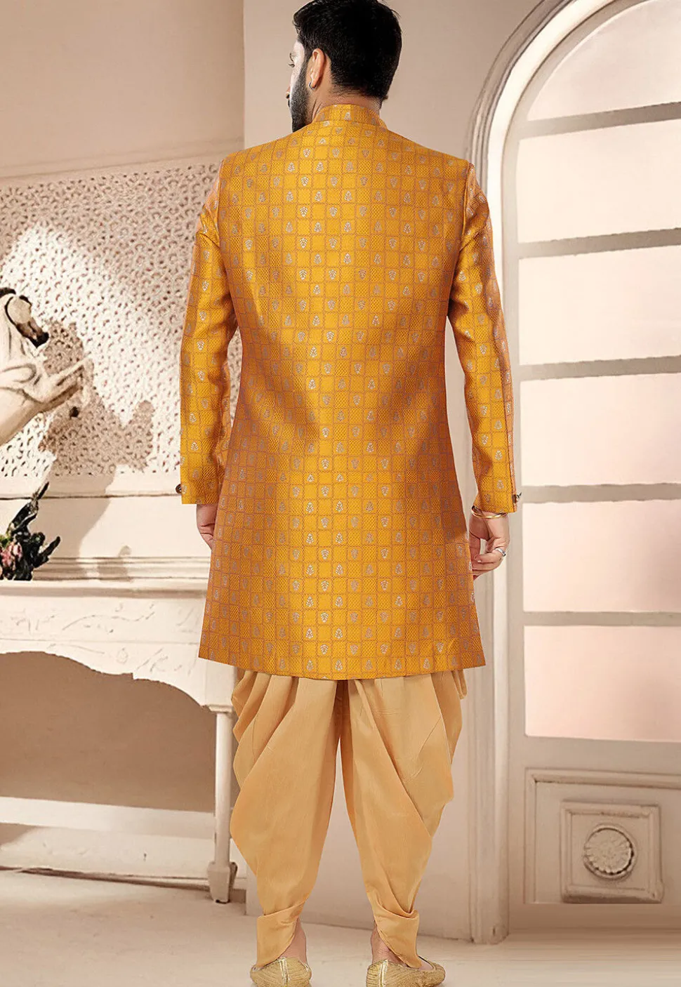 Woven Art Silk Jacquard Sherwani in Mustard