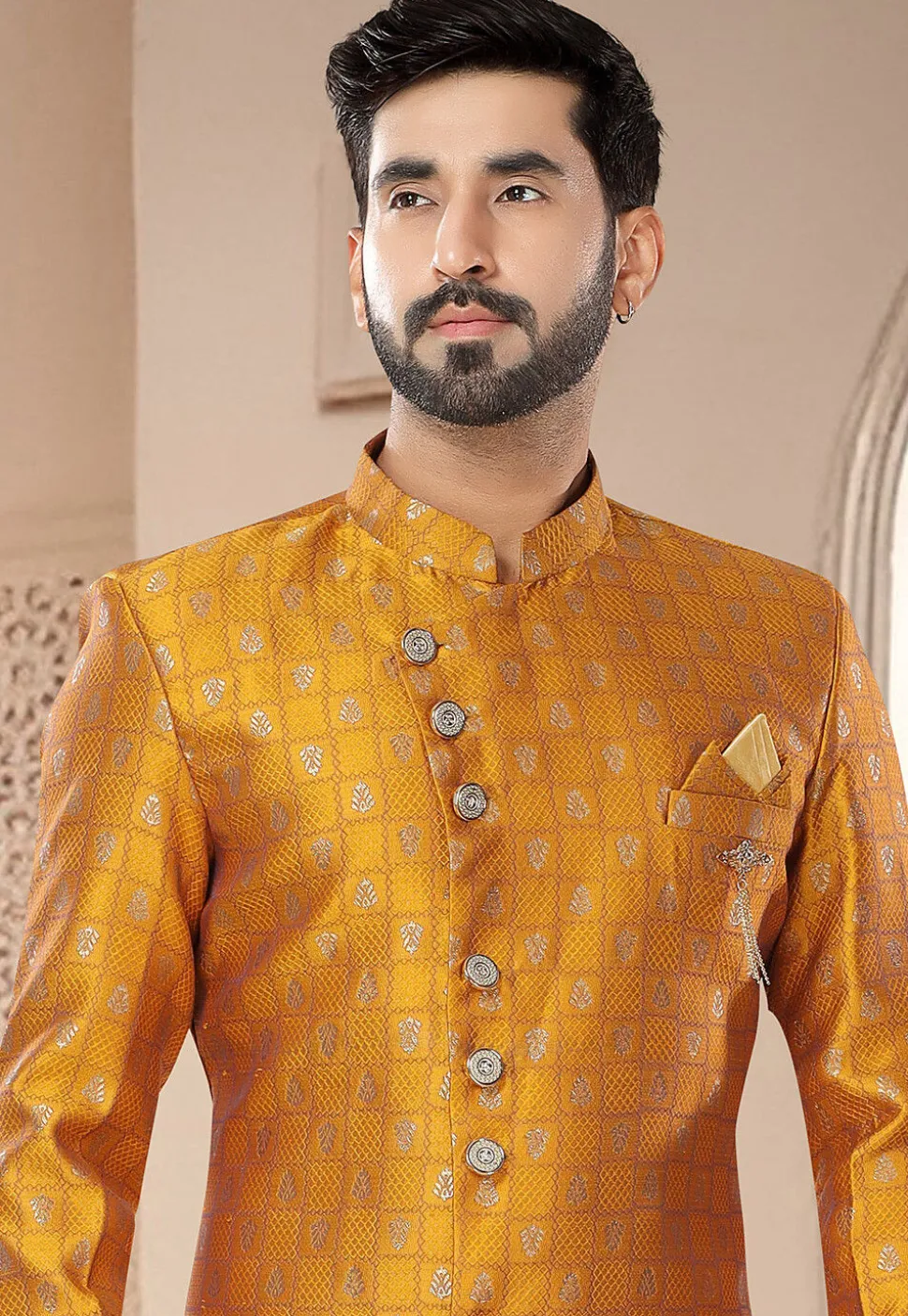 Woven Art Silk Jacquard Sherwani in Mustard
