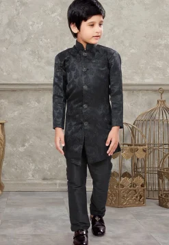 Woven Art Silk Jacquard Sherwani in Black