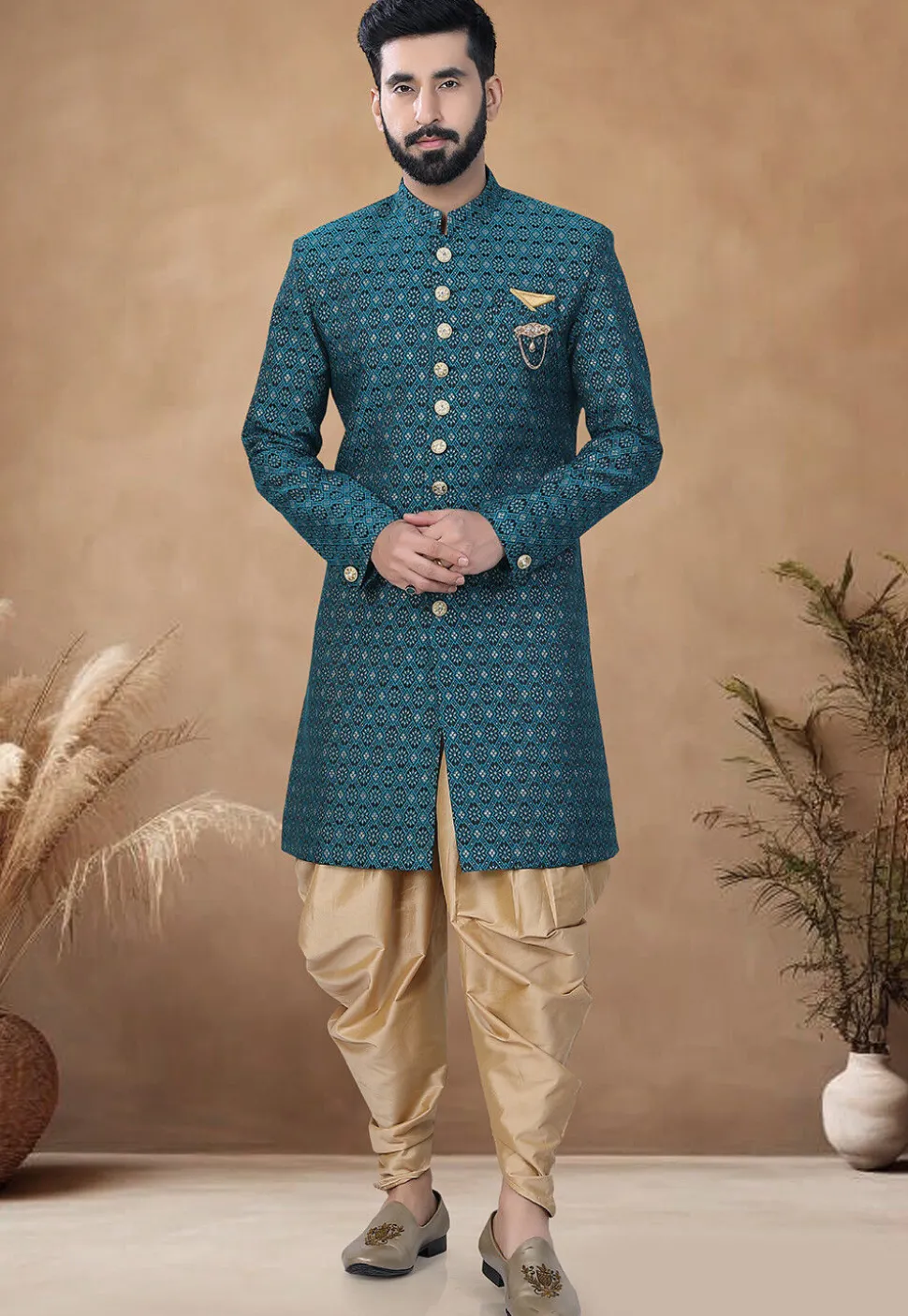 Woven Art Silk Jacquard Sherwani in Teal Blue