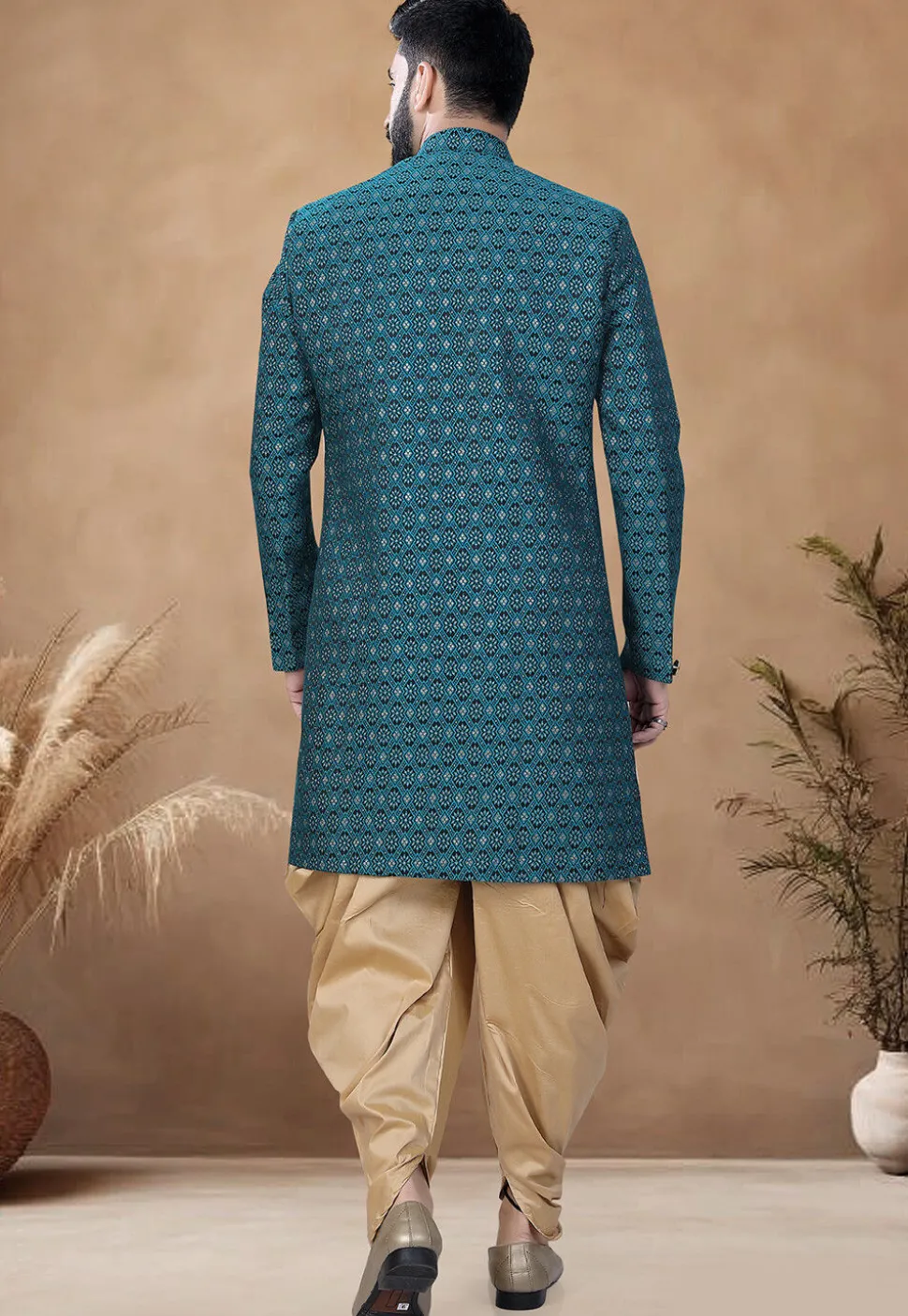 Woven Art Silk Jacquard Sherwani in Teal Blue
