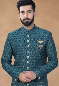 Woven Art Silk Jacquard Sherwani in Teal Blue