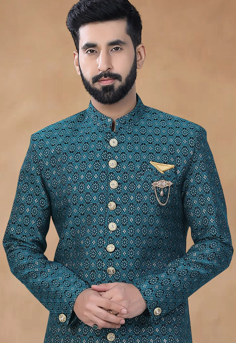 Woven Art Silk Jacquard Sherwani in Teal Blue