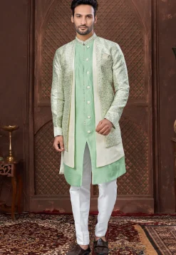 Woven Art Silk Jacquard Sherwani in Light Green
