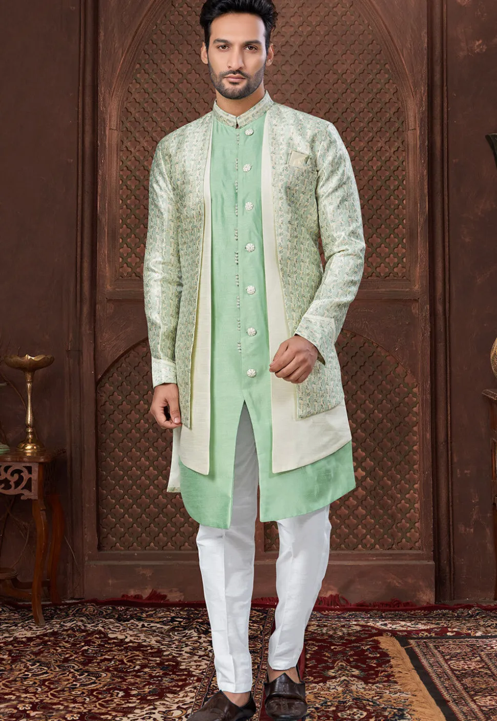 Woven Art Silk Jacquard Sherwani in Light Green