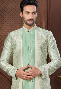 Woven Art Silk Jacquard Sherwani in Light Green