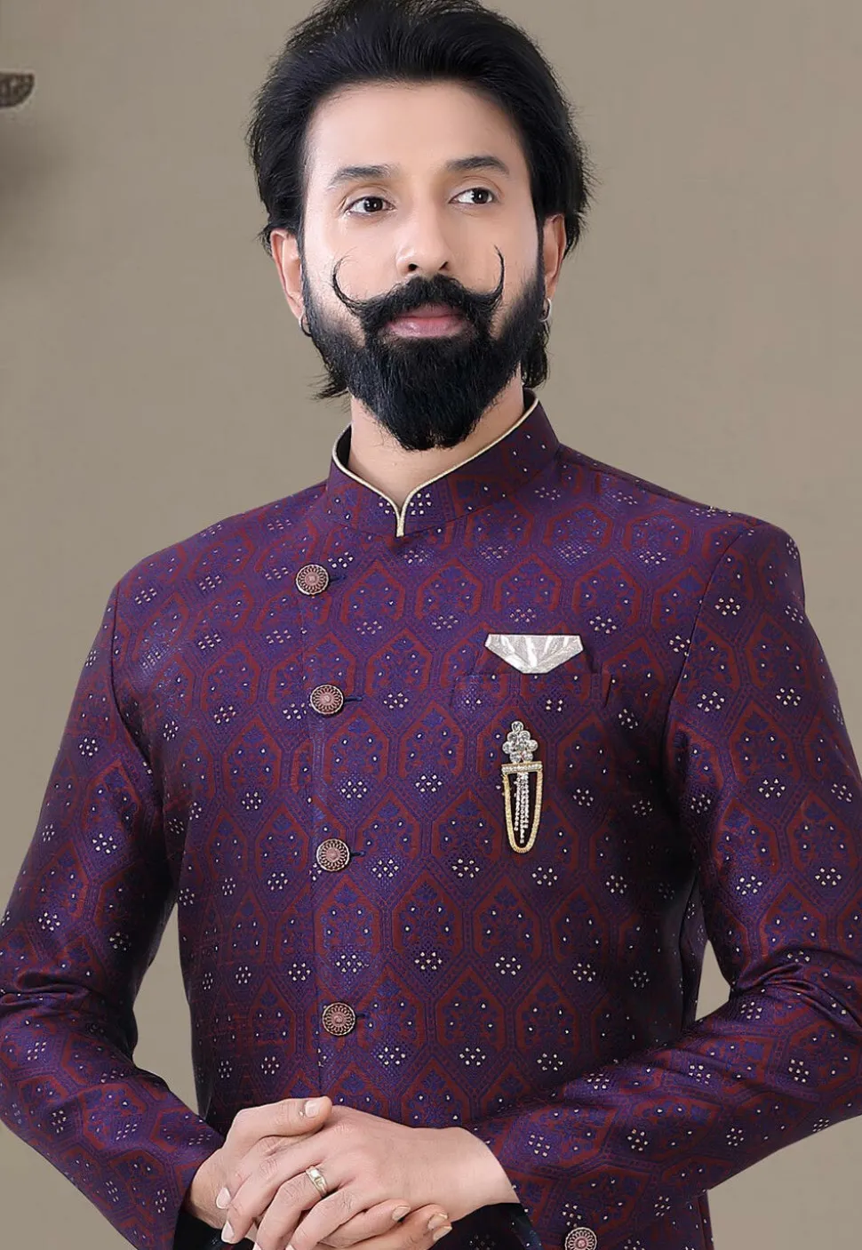 Woven Art Silk Jacquard Sherwani in Purple