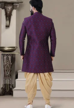 Woven Art Silk Jacquard Sherwani in Purple
