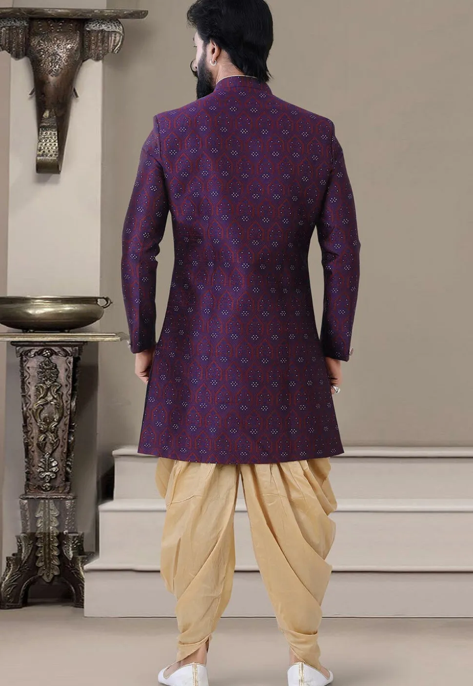 Woven Art Silk Jacquard Sherwani in Purple