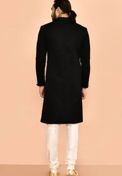 Woven Art Silk Jacquard Sherwani in Black