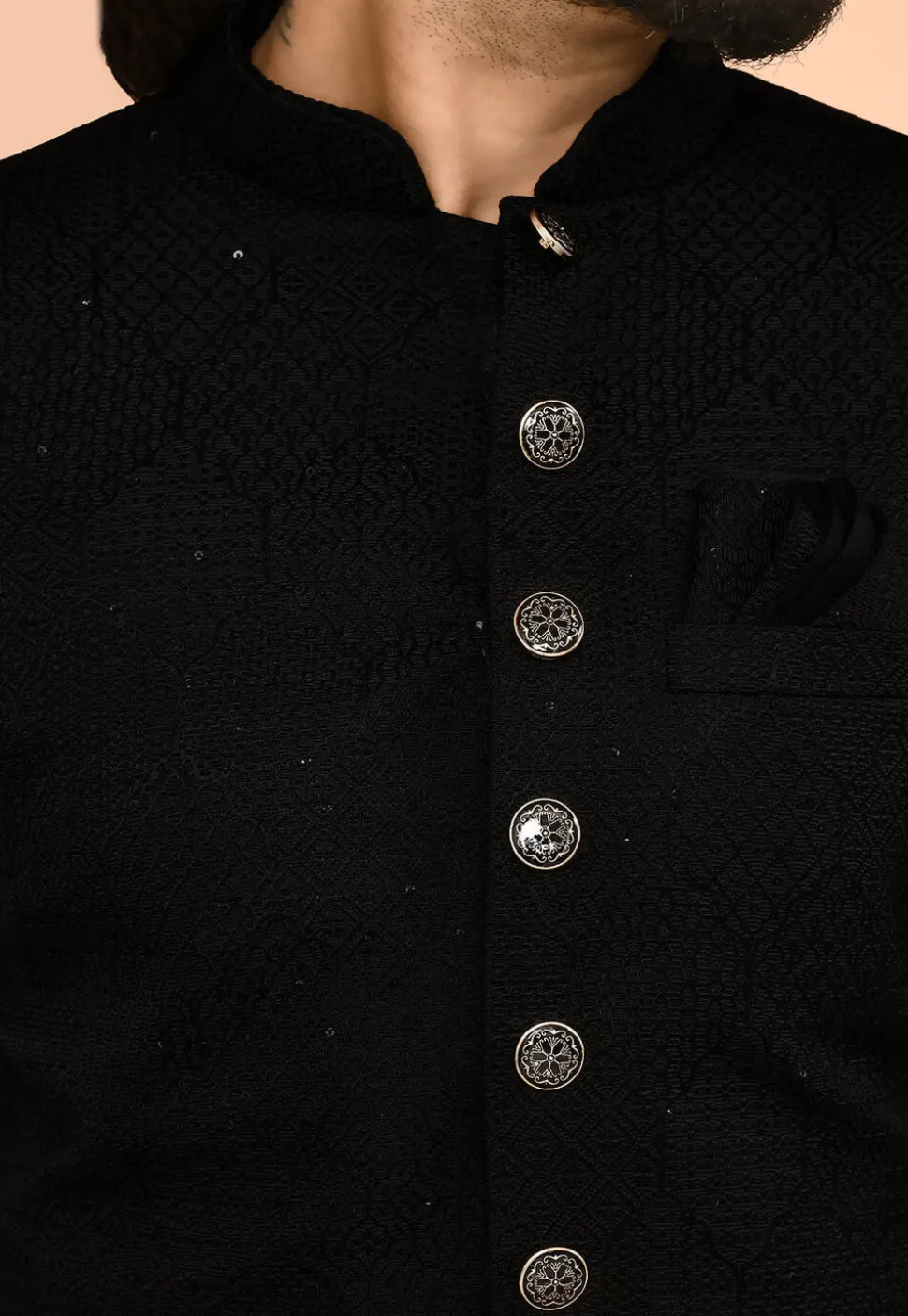 Woven Art Silk Jacquard Sherwani in Black