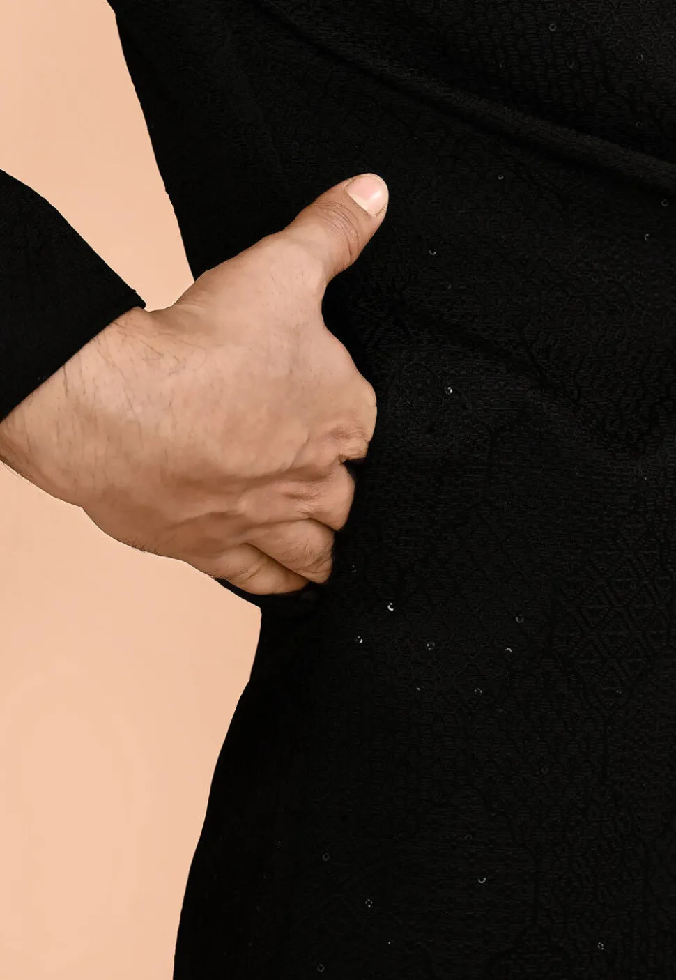 Woven Art Silk Jacquard Sherwani in Black