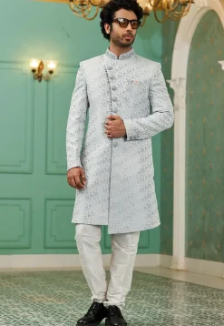 Woven Art Silk Jacquard Sherwani in Light Grey