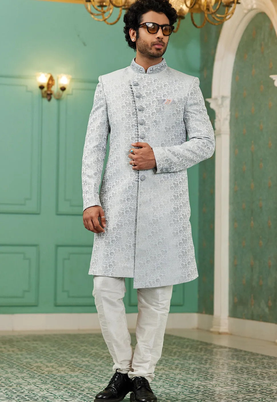 Woven Art Silk Jacquard Sherwani in Light Grey