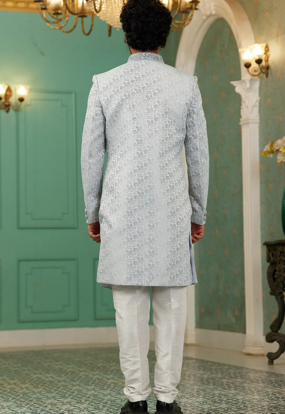 Woven Art Silk Jacquard Sherwani in Light Grey