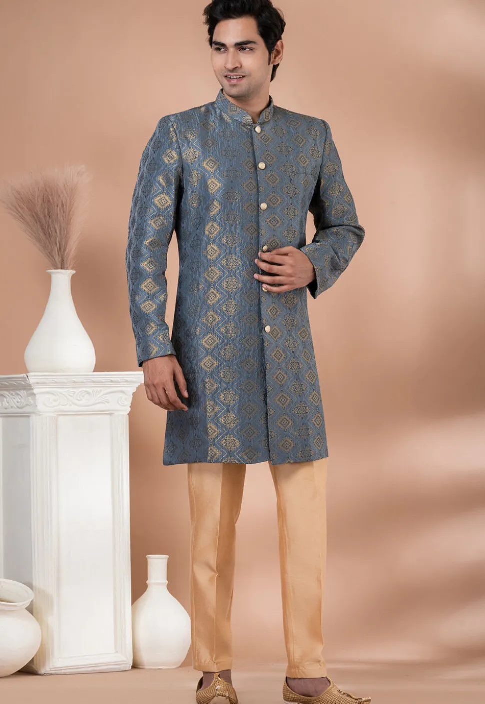 Woven Art Silk Jacquard Sherwani in Grey