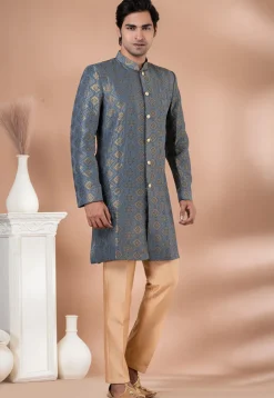 Woven Art Silk Jacquard Sherwani in Grey