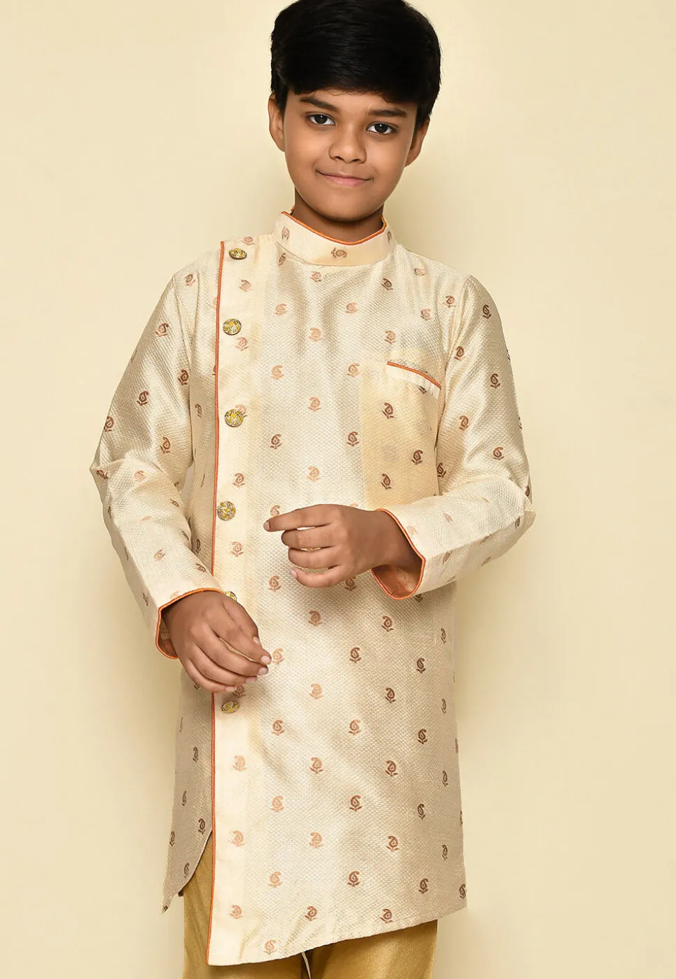 Woven Art Silk Jacquard Sherwani in Off White