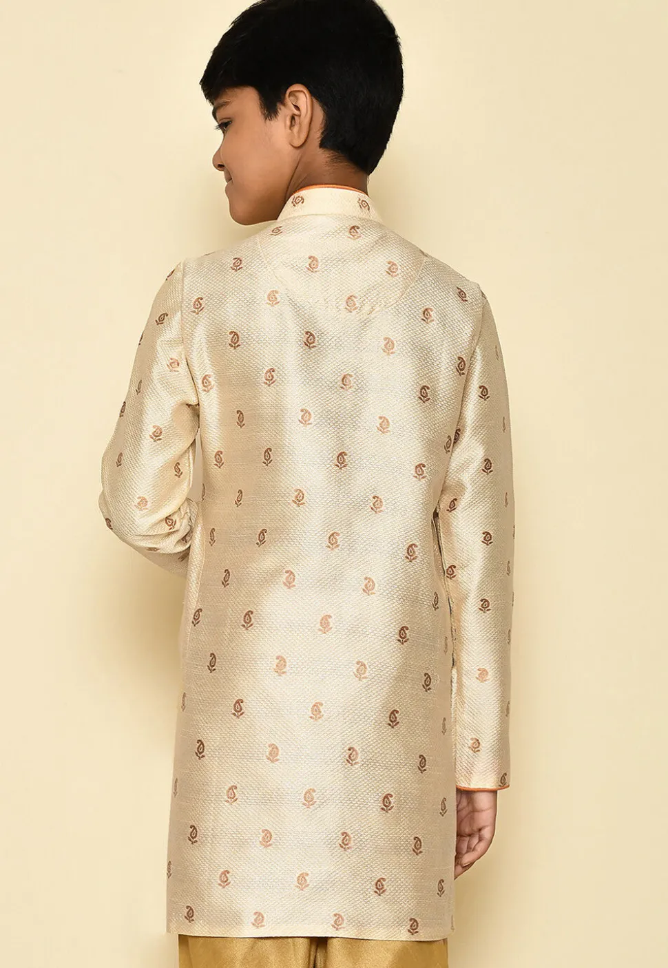 Woven Art Silk Jacquard Sherwani in Off White