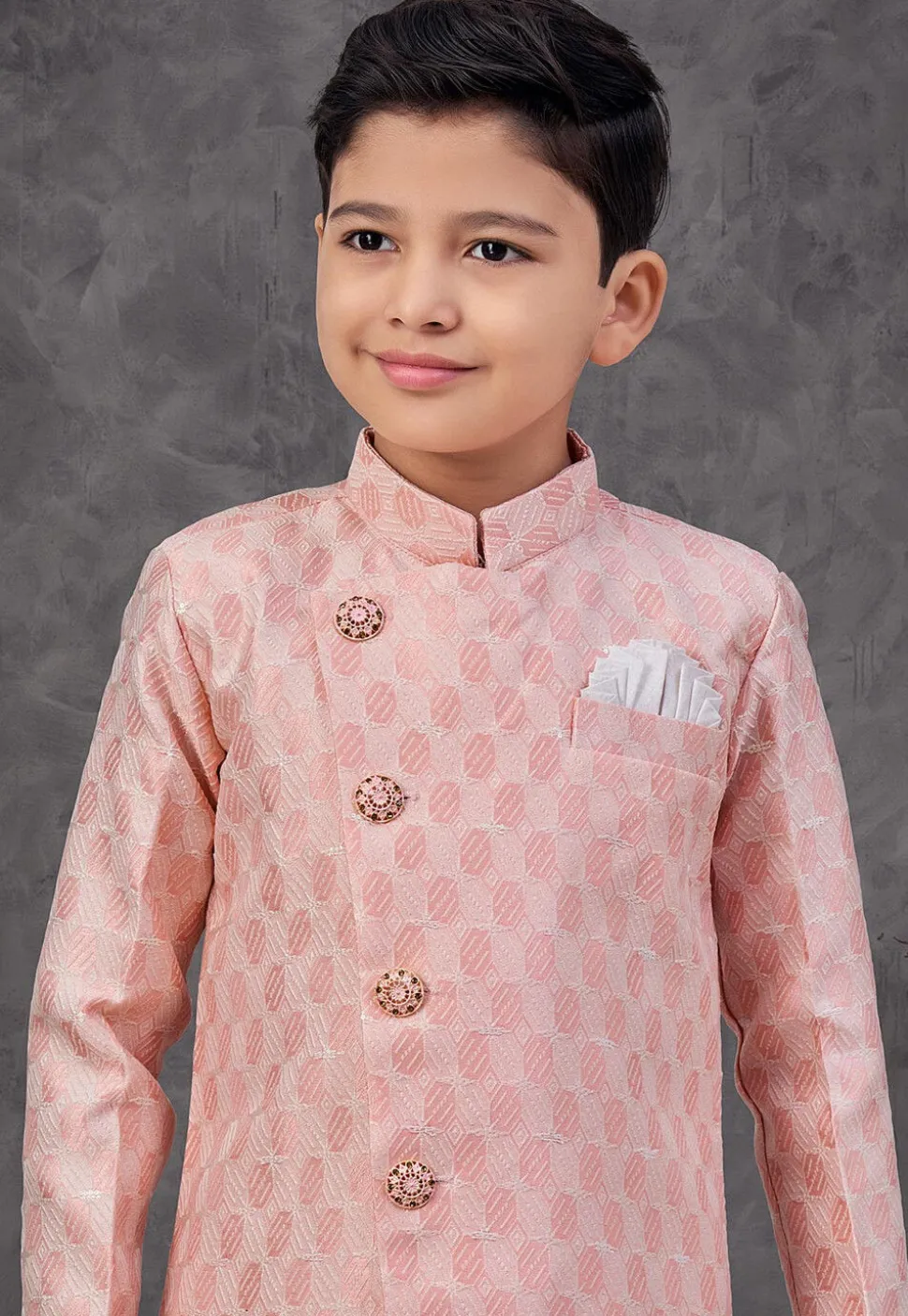 Woven Art Silk Jacquard Sherwani in Peach
