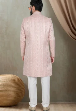 Woven Art Silk Jacquard Sherwani in Pink