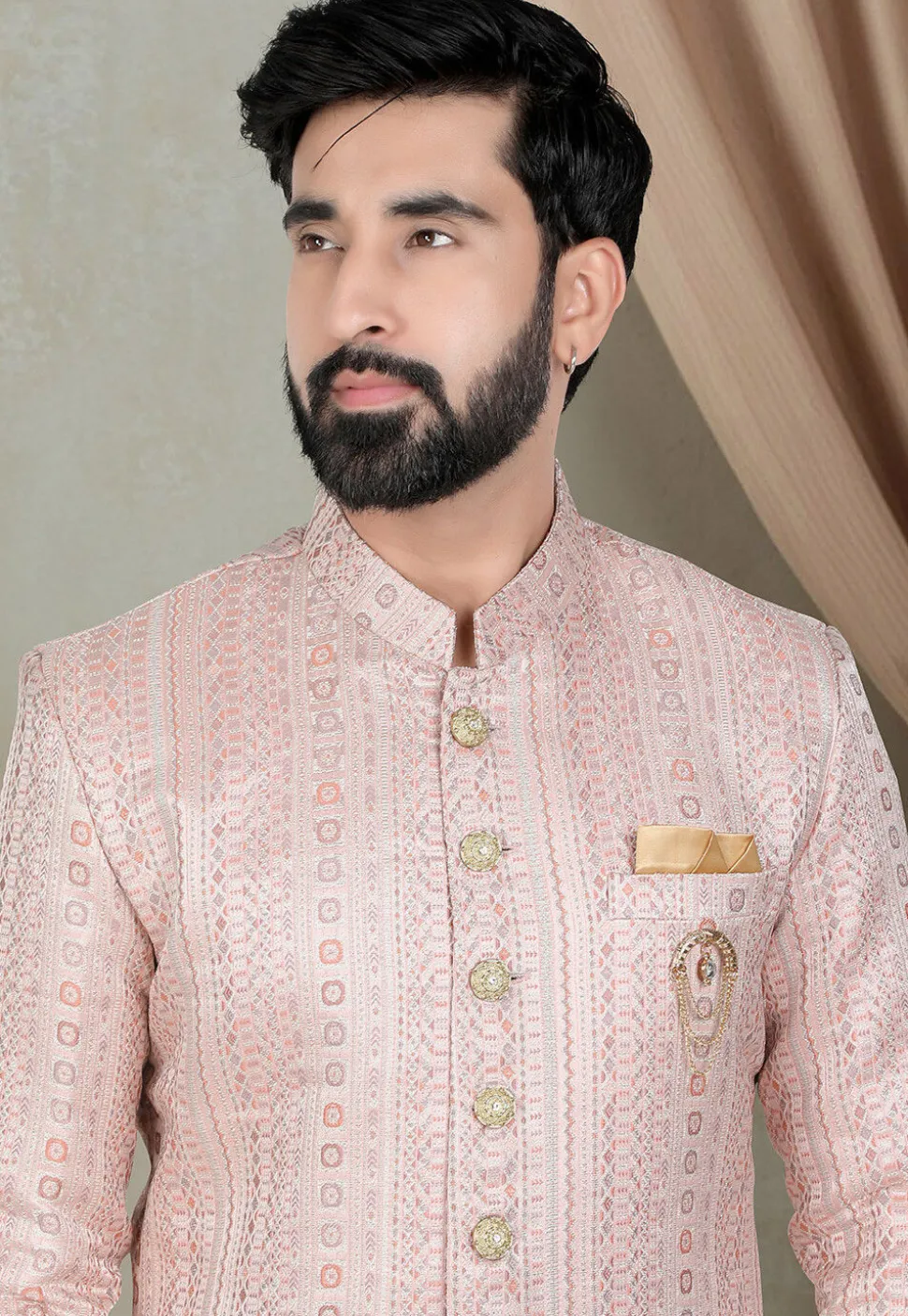 Woven Art Silk Jacquard Sherwani in Pink