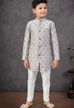 Woven Art Silk Jacquard Sherwani in Grey