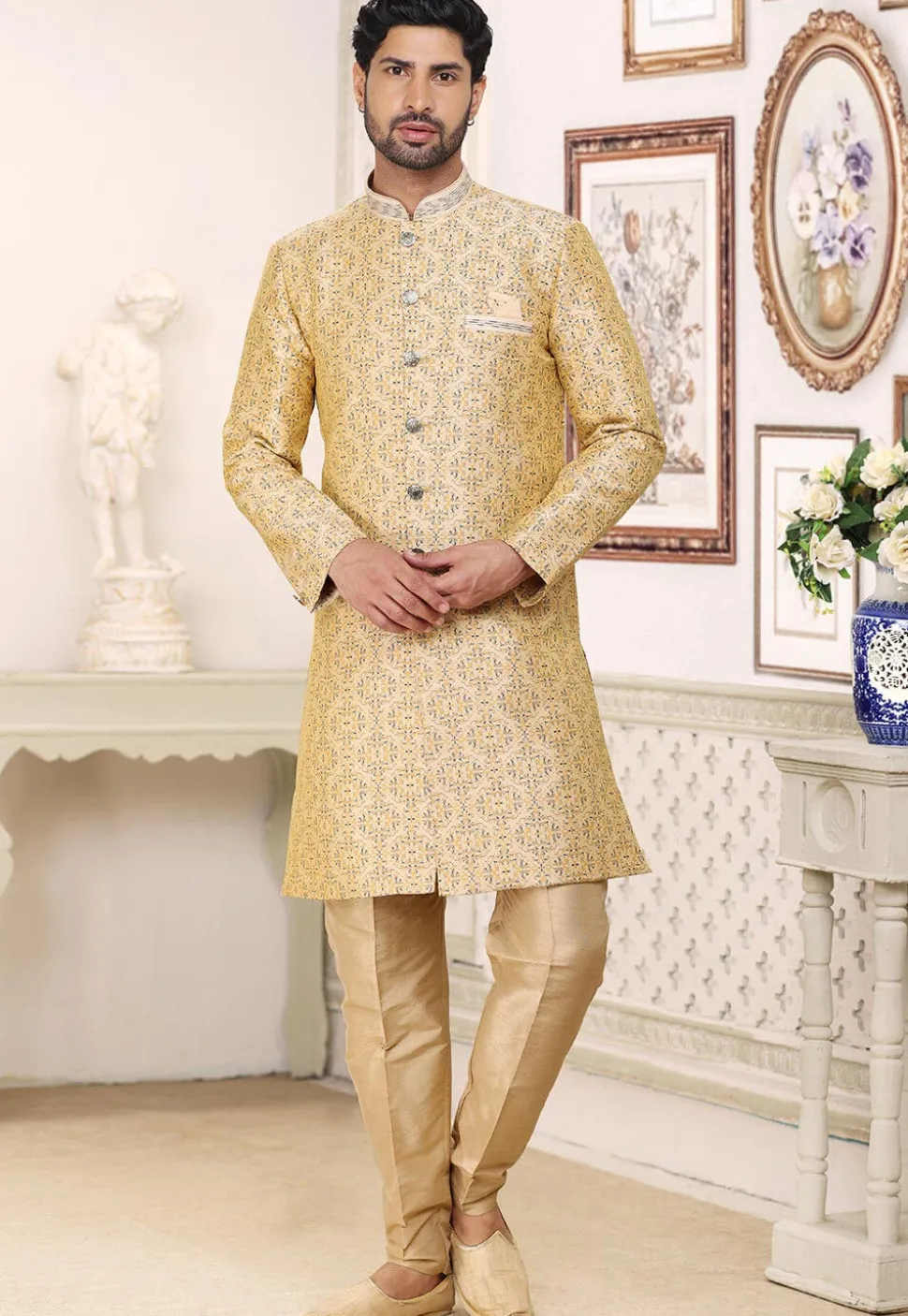 Woven Art Silk Jacquard Sherwani in Beige