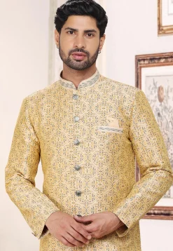 Woven Art Silk Jacquard Sherwani in Beige