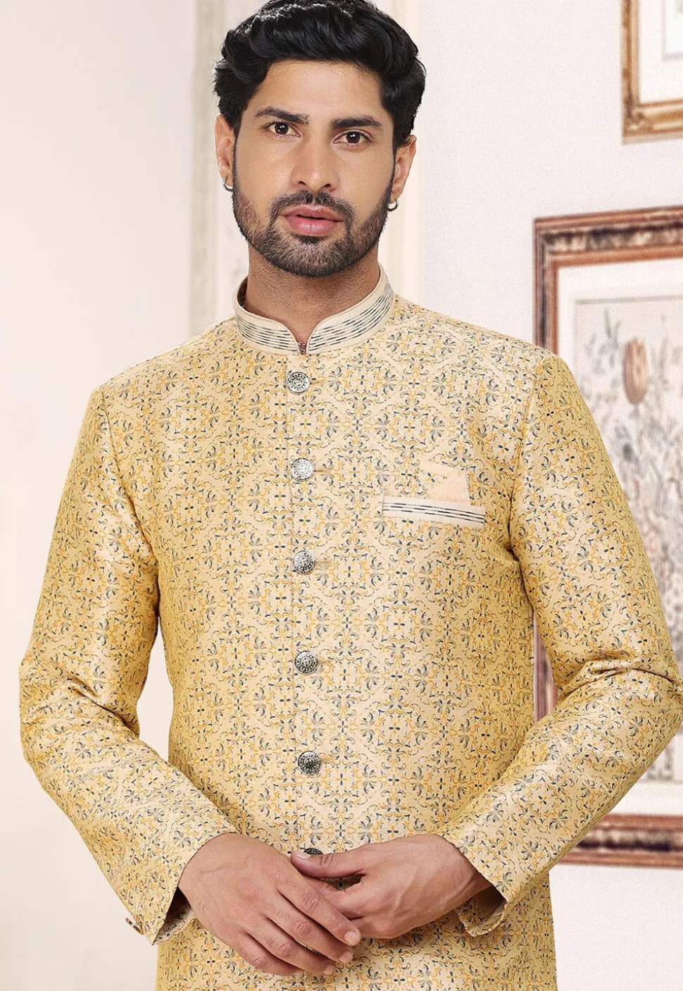 Woven Art Silk Jacquard Sherwani in Beige