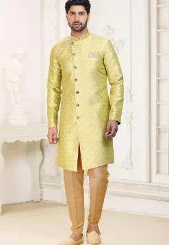 Woven Art Silk Jacquard Sherwani in Yellow