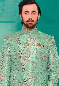 Woven Art Silk Jacquard Sherwani in Sea Green