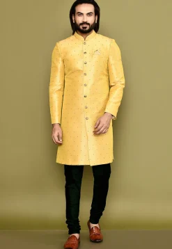 Woven Art Silk Jacquard Sherwani in Mustard