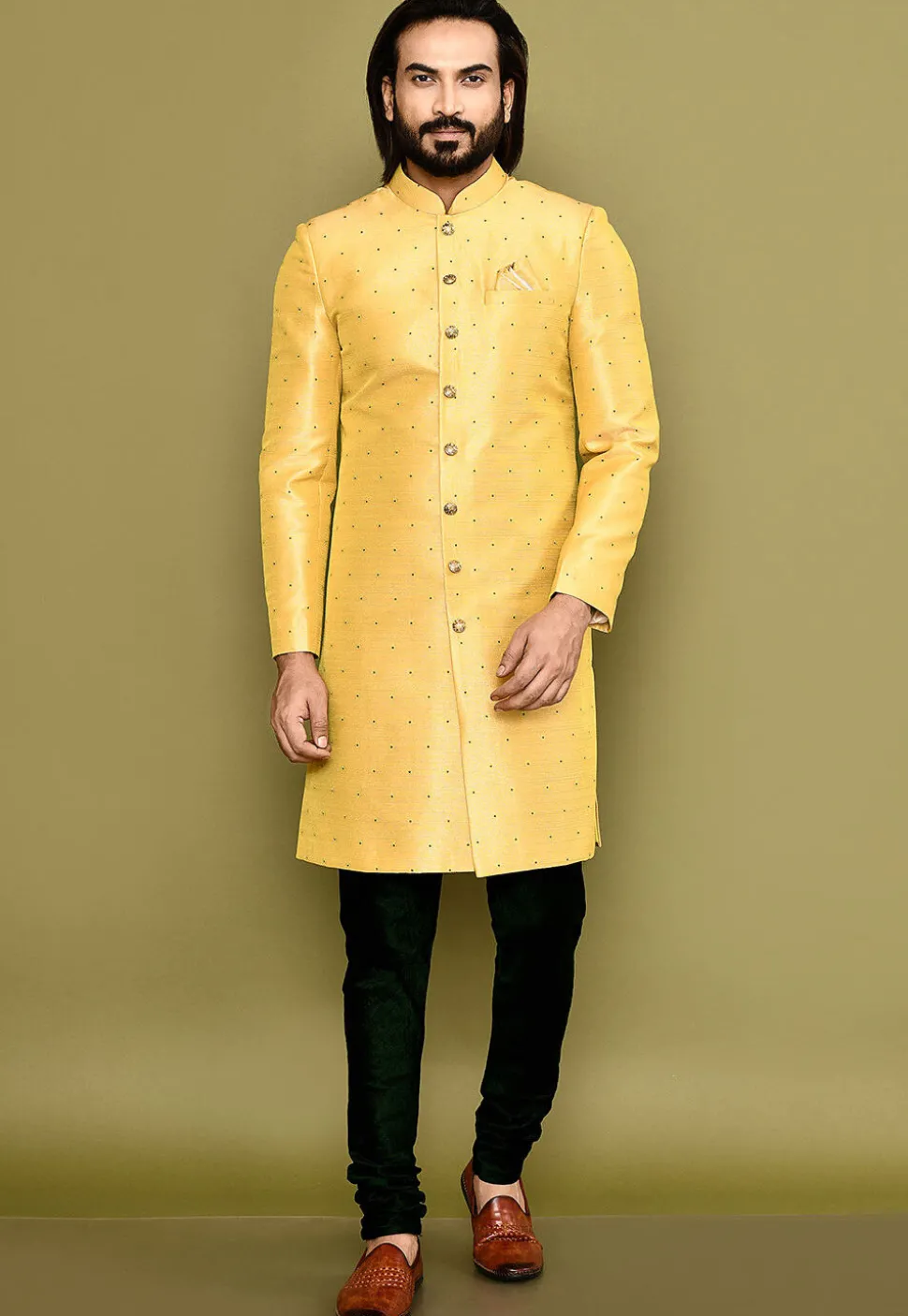 Woven Art Silk Jacquard Sherwani in Mustard