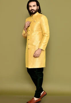 Woven Art Silk Jacquard Sherwani in Mustard