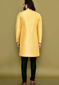 Woven Art Silk Jacquard Sherwani in Mustard