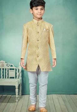 Woven Art Silk Jacquard Sherwani in Light Yellow
