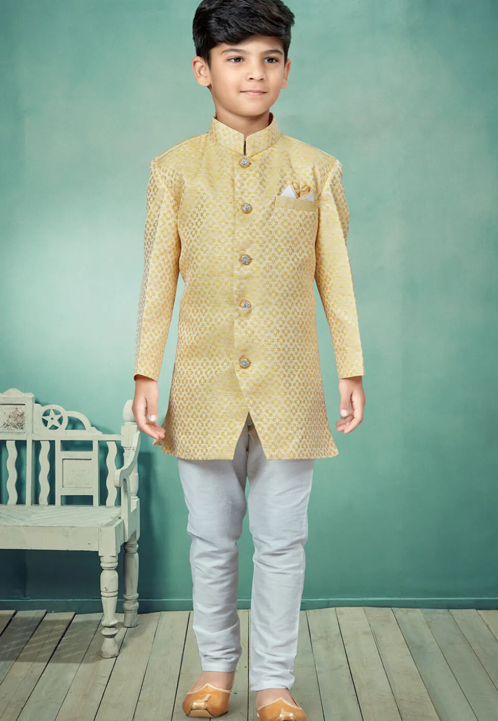 Woven Art Silk Jacquard Sherwani in Light Yellow
