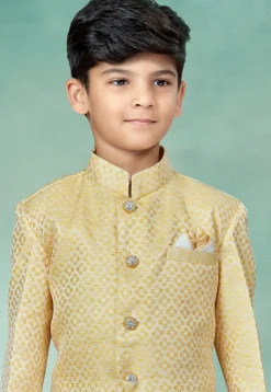 Woven Art Silk Jacquard Sherwani in Light Yellow