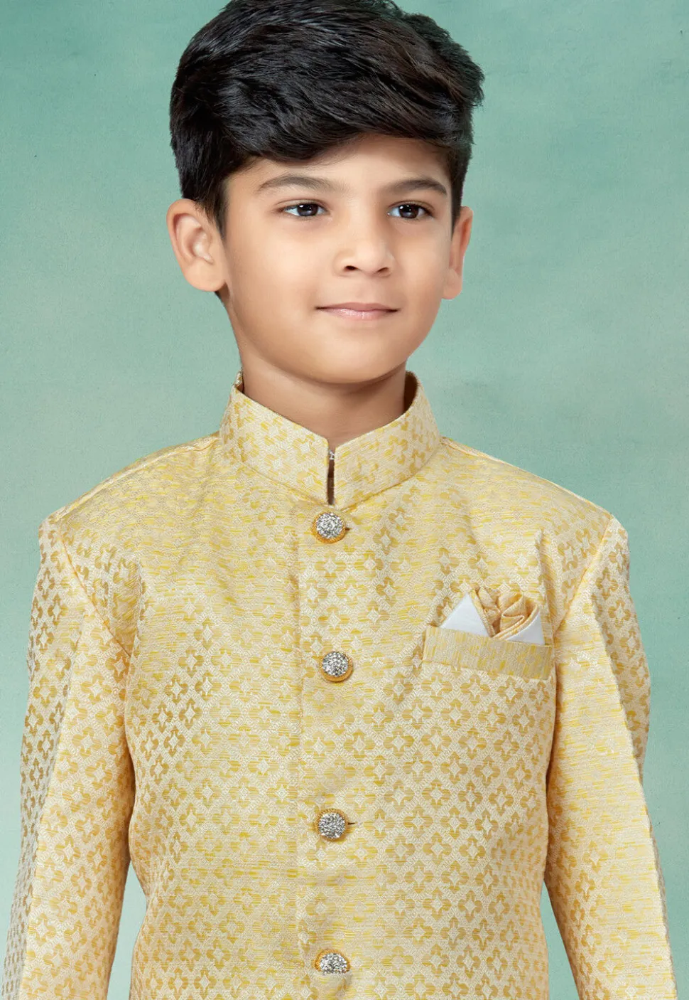 Woven Art Silk Jacquard Sherwani in Light Yellow