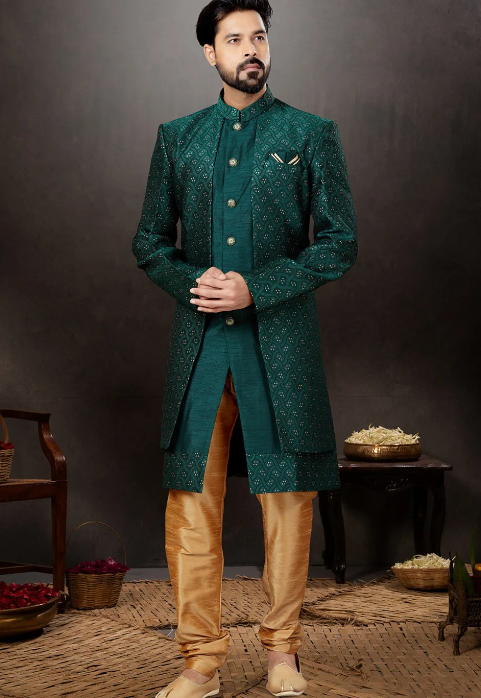 Woven Art Silk Jacquard Sherwani in Dark Teal Green