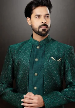 Woven Art Silk Jacquard Sherwani in Dark Teal Green