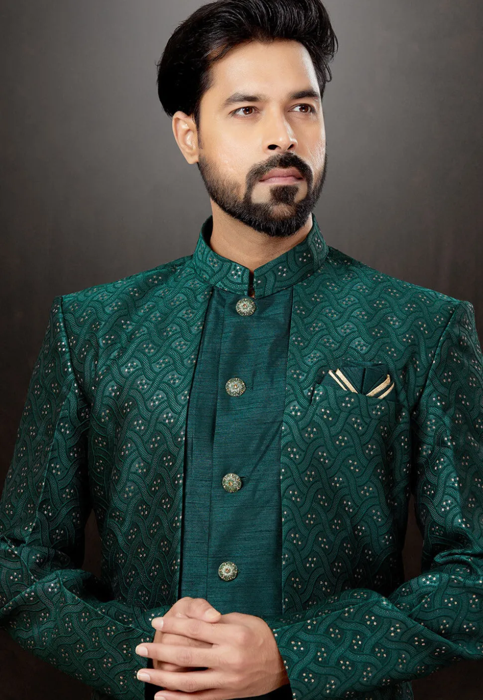 Woven Art Silk Jacquard Sherwani in Dark Teal Green