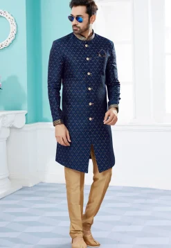 Woven Art Silk Jacquard Sherwani in Navy Blue