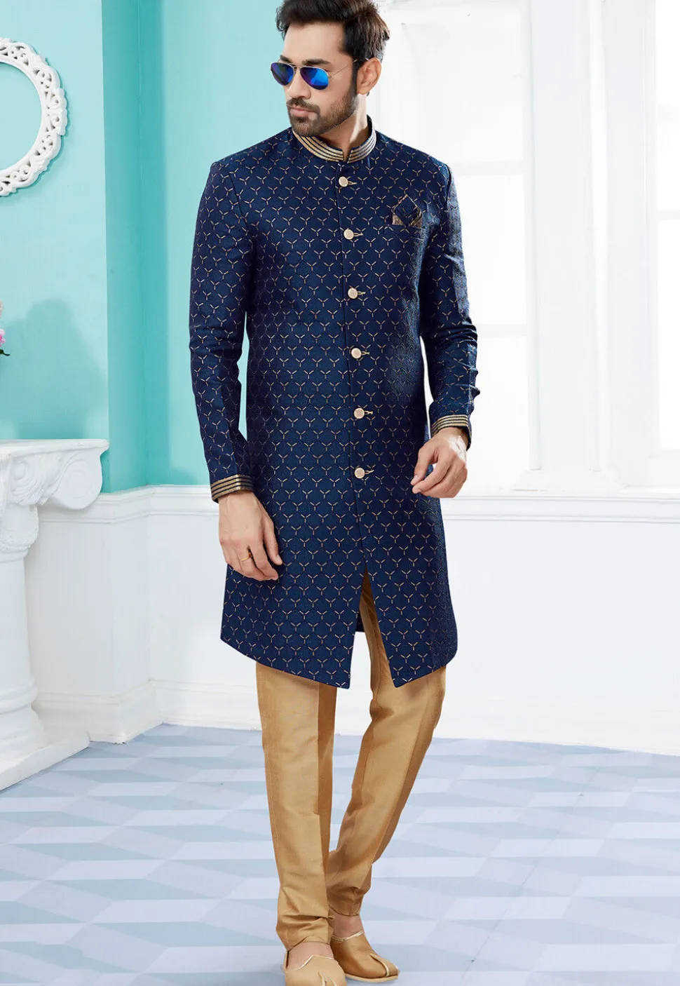 Woven Art Silk Jacquard Sherwani in Navy Blue